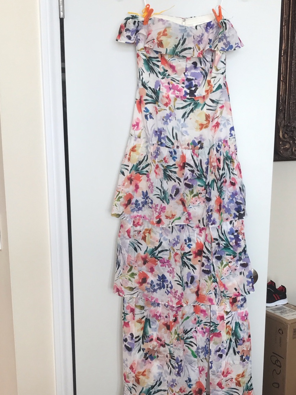 Amanda Uprichard White Multi Floral Off-Shoulder Tiered Maxi Dress